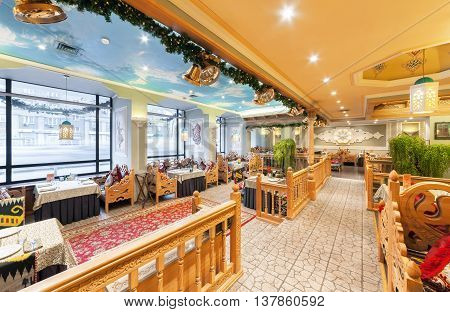 MOSCOW/RUSSIA - DECEMBER 2014. The interior of the deluxe restaurant of Uzbek cuisine - Babay Club in an oriental style.