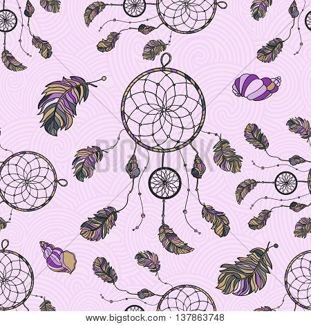 Seamless pattern with hand drawn native Indian-American dream catcher. zentangle dream catcher. Boho styled. Vector.