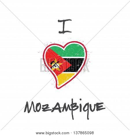 Mozambican Flag Patriotic T-shirt Design. Heart Shaped National Flag Mozambique On White Background.