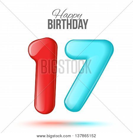 Sample greeting card to the 17 th anniversary. Air 3D red numbers from the figures. Invitation card to the party with balloons on a white background. Suitable for printing, web delivery, the jubilee