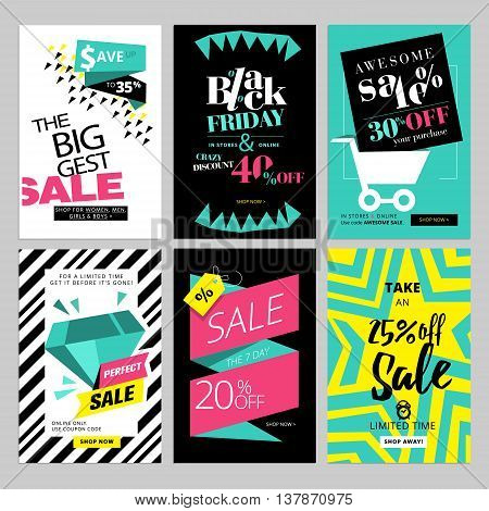 Set of eye catching web banners for shopping, sale, product promotion, clearance. Vector illustrations for social media banners, posters, email and newsletter designs, ads, promotional material.