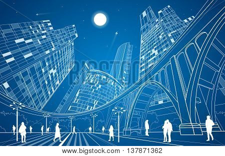 Big bridge, night city on background, industrial and infrastructure illustration, white lines landscape, people walk on the square, neon town, vector design art