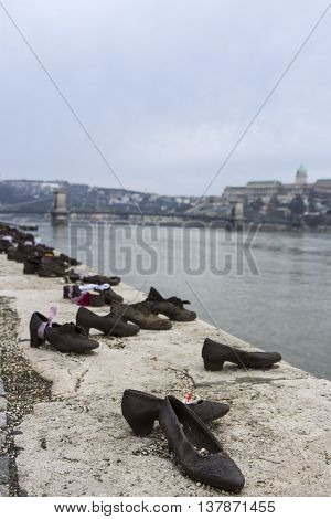 Shoes on the Danube Promenade in Budapest - memorial to the victims of the Holocaust