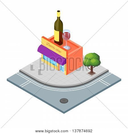 Isometric 3d vector illustration of wine shop that sells alcoholic drinks.City landscape.