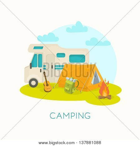 Summer camping design with house trailer tent guitar backpack mat bonfire on green grass vector illustration