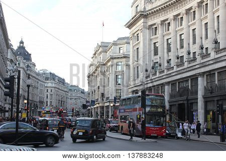 LONDON, UNITED KINGDOM - SEPTEMBER 11 2015: Regent Street in London with its daily traffic