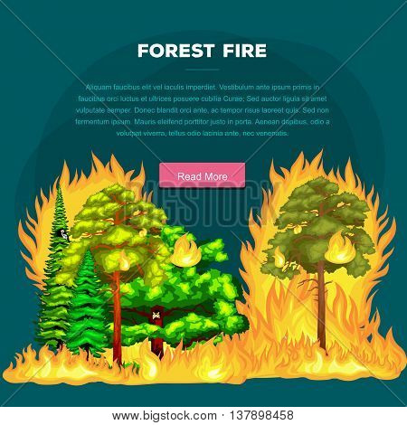 Forest Fire, fire in forest landscape damage, nature ecology disaster, hot burning trees, danger forest fire flame with smoke, blaze wood background vector illustration. Wildfire burning tree in red and orange color.