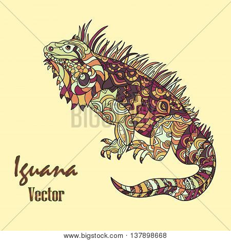 Vector hand drawn iguana. Ethnic tribal styled pattern. Zentagle style. Zentagle style.