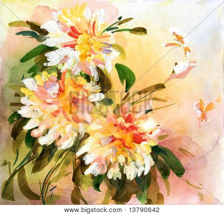 화사한 나비 이상의 비행과 밝은 꽃의 그림