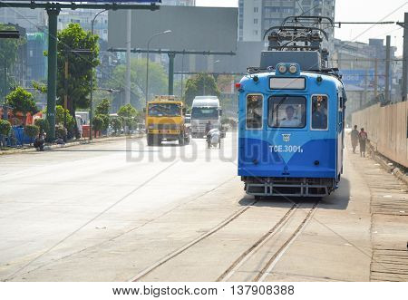 Yangon Myanmar - April 25 2016 : Yangon Tram. begun service on 11 January 2016 using a single 50-year old tram from Hiroshima Japan