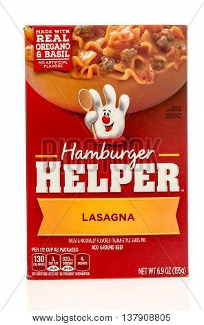 Winneconnie WI - 10 July 2016: Box of Hamburger Helper in lasagna flavor on an isolated background.