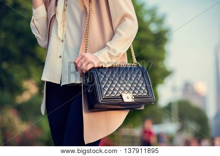 Woman carrying elegant purses bag at city park
