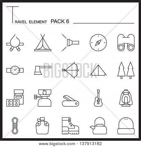 Travel Element Line Icon Set 6.Camping thin icons.Mono pack.Graphic vector logo set.Pictogram design.