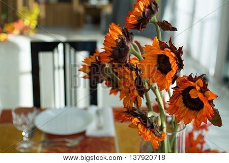 Orange sunflowers on a table set for Thanksgiving.
