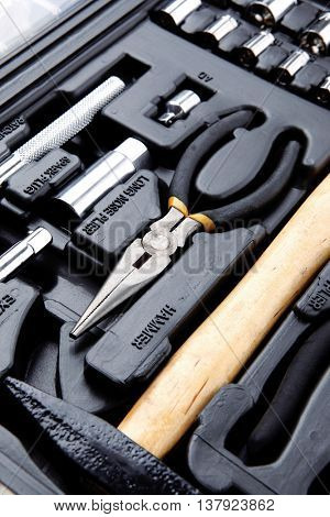 toolbox set of tools include hammer wrench bit driver pliers hex key bush level hex key