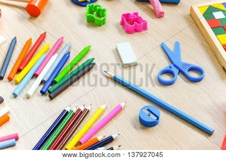 Toys and stationery for kids to play and learn / Back to school concept