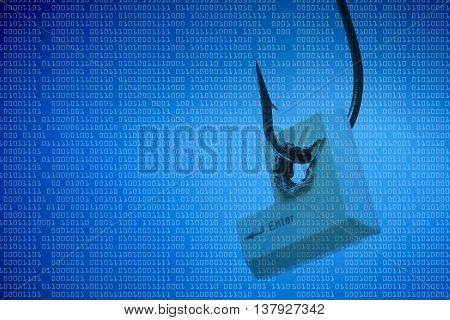 Computer threat. Vulnerability in computer system. Computer security breach. Hacking. Computer enter button in a fish hook representing computer security breach