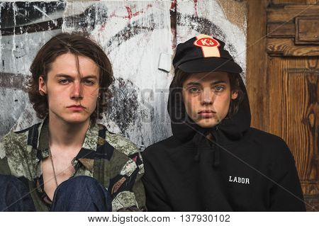 MILAN ITALY - JUNE 19: Beautiful models pose in the backstage just before Damir Doma SS 17 show during Milan Men's Fashion Week on JUNE 19 2016 in Milan.