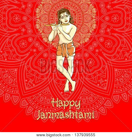 Illustration Of Lord Krishana In Happy Janmashtami Red Background Indiian Mandala Vector