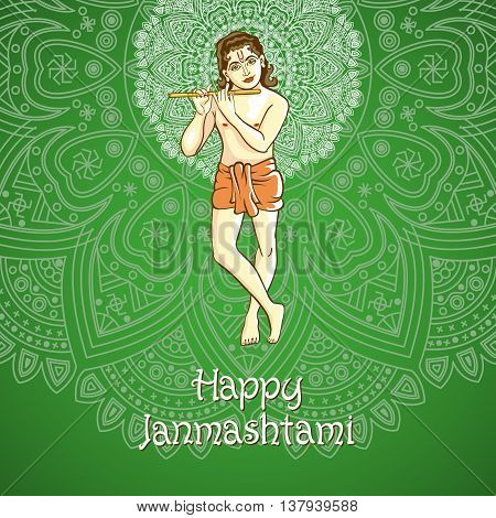 Cartoon. Illustration Of Lord Krishana In Happy Janmashtami Green Background Indiian Mandala Vector
