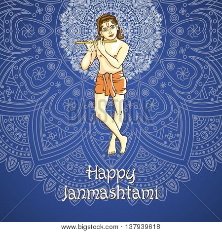 Cartoon. Illustration Of Lord Krishana In Happy Janmashtami Blue Background Indiian Mandala Vector