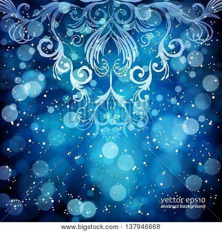 Abstract floral pattern on a blue background, made of transparent rays, stars, bokeh. Magical fantasy flowers design card.  Vector illustration.
