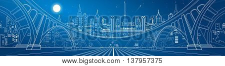 Big bridge, amazing panorama of night city, neon town. Architecture and infrastructure illustration. White lines landscape, vector design art