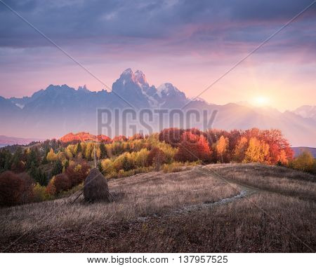 Autumn landscape in mountains. Deciduous forest in hills. Stack dry hay in meadow. Rural view from footpath. Beautiful sunset. Art processing of photos. Low contrast, color toning, soft focus effect