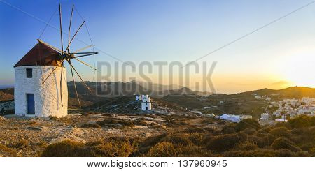Traditional Greece - windmills over sunset, Amorgos island
