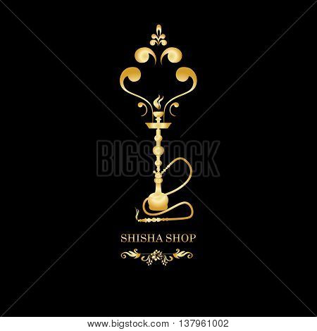 Golden Shisha, hookah black silhouette. Vector gold illustration on black