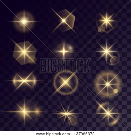 Vector starlights effects. Set of golden flares on transparent background. Release clipping mask for work.