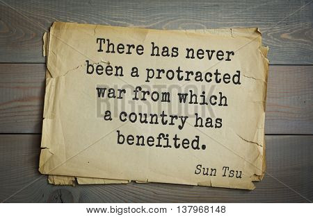 Ancient chinese strategist and philosopher Sun Tzu quote on old paper background. There has never been a protracted war from which a country has benefited. 