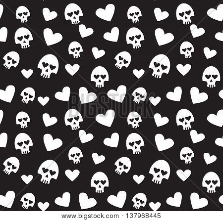 Skulls and hearts seamless pattern on a black background. Vector Illustration.