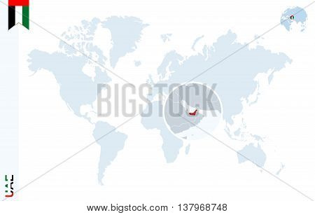 Blue World Map With Magnifying On United Arab Emirates.