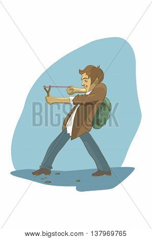 Boy shoots a slingshot. Illustration on a blue background.