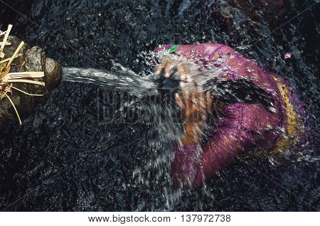 A shot of a person bathe in holy water at Tampaksiring Temple Ubud Bali Indonesia. It is believed that bathing in this water may receive forgiveness and spiritual cleansing.