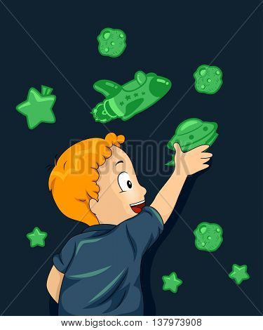 Illustration of a Boy Sticking Space Themed Glow in the Dark Stickers on His Wall