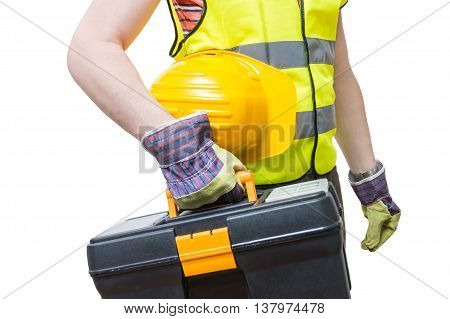 Worker With Yellow Helment Holds Toolbox. Isolated On White Back