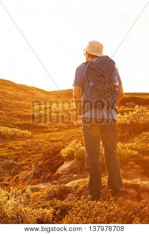 hiker with backpack traveling in Norway mountains Dovre