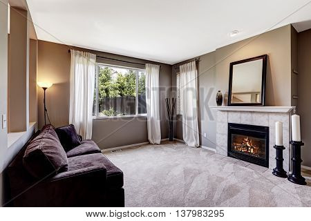 Living Room Interior With Carpet Floor And Dark Sofa