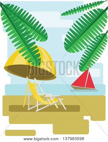 Abstract design with palm leaves sand beach umrella and chair and view to the sea with a red boat. Digital vector image