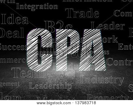 Business concept: Glowing text CPA in grunge dark room with Dirty Floor, black background with  Tag Cloud