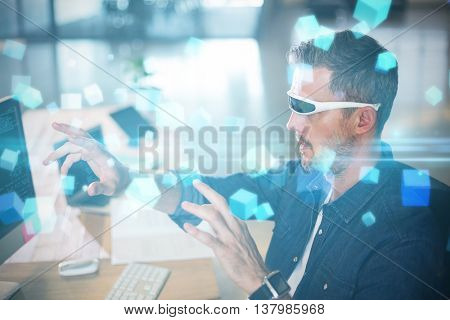 Futuristic screen with quaders against man wearing virtual reality glass