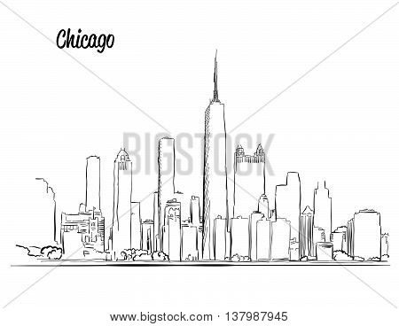 Chicago Skyline, Hand Drawn Silhouette