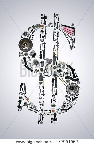 Dollar money with auto parts for car. Auto parts for car. Auto parts for shop, aftermarket OEM. Dollar with auto parts. Many auto spare parts isolated in money dollar