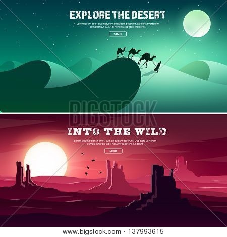 Desert trip. Extreme tourism and travelling. Back to nature. Sands.Exploring Africa. Horizont line with sky, stars. Mountaines, flying birds.Camels.