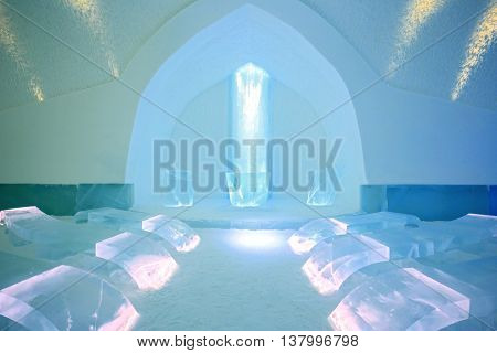 KIRUNA, SWEDEN - DECEMBER 27 :Interior of Ice church in Icehotel on December 27, 2012. The Icehotel was the world's first ice hotel which opened in 1990 located in Kiruna Sweden.