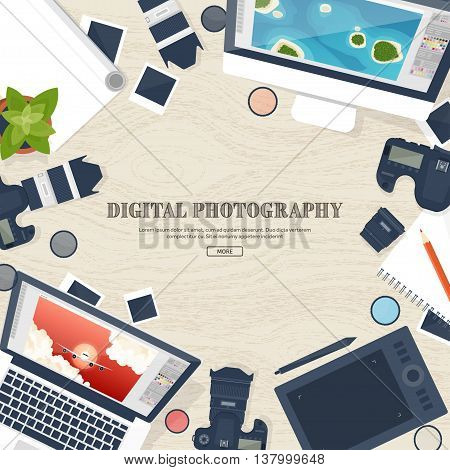 Photographer equipment on a table. Photography tools, photo editing, photoshooting flat background. Digital photocamera with lens. Vector illustration.