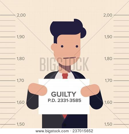 Caught Guilty Businessman Or Manager With Id Signs On His Hand. Concept Dishonest Business. Flat Vec