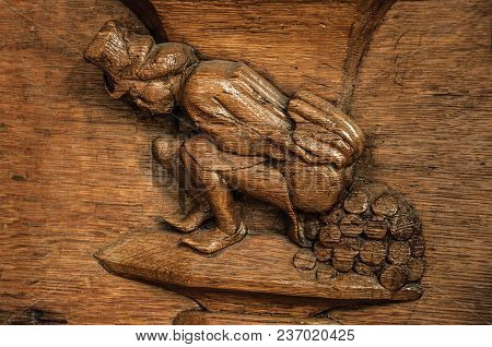 Amsterdam, Northern Netherlands, June 27, 2017. Weird High Relief Wooden Sculpture Of Man 